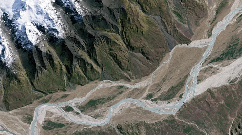 Winding river flowing through mountain valley with snow-capped peaks and braided channels