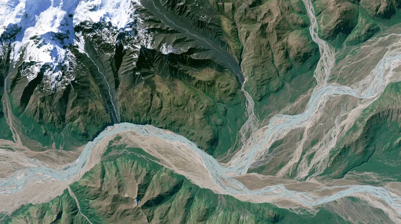 Winding river flowing through mountain valley with snow-capped peaks and glacial sediment