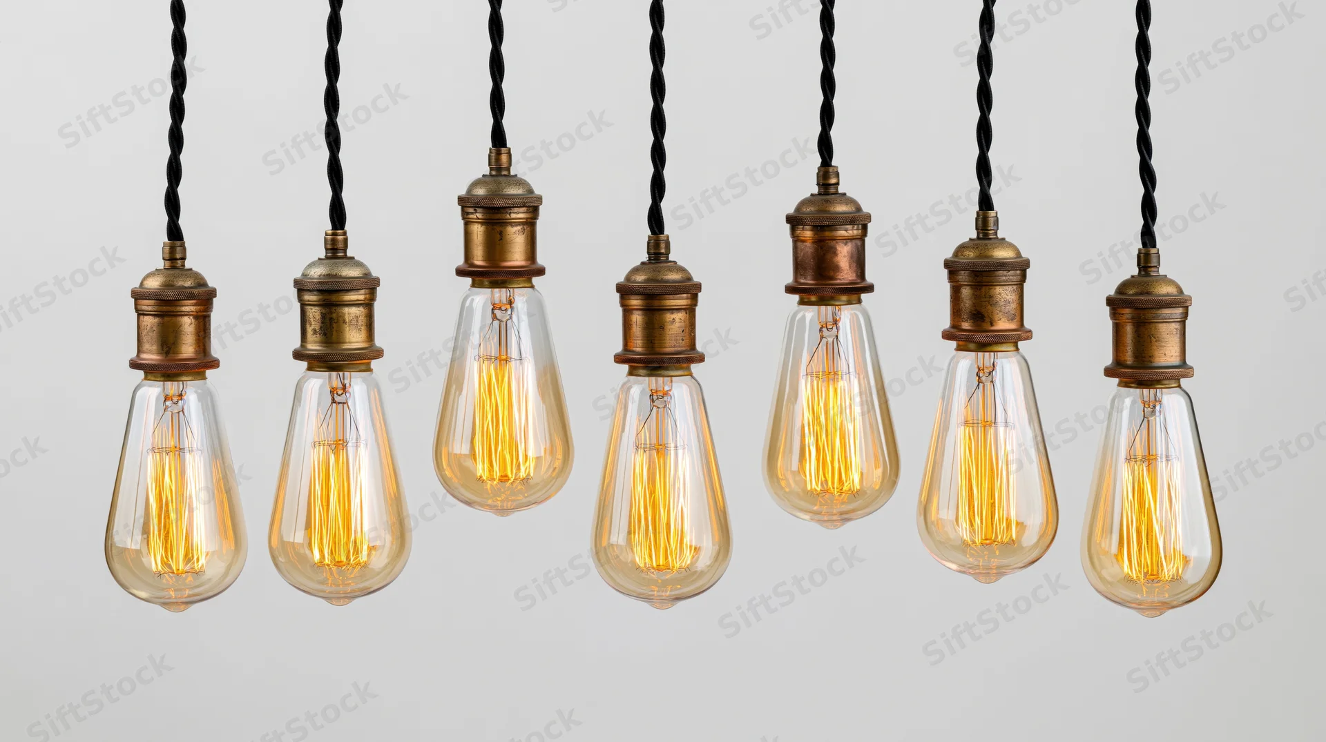 Seven vintage edison lightbulbs hanging in a row with brass sockets and black twisted cords against a plain background