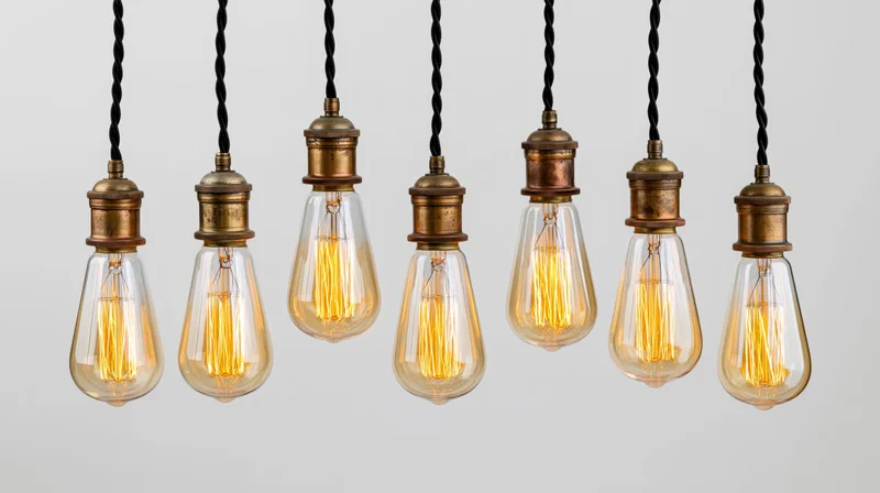 Seven vintage edison lightbulbs hanging in a row with brass sockets and black twisted cords against a plain background