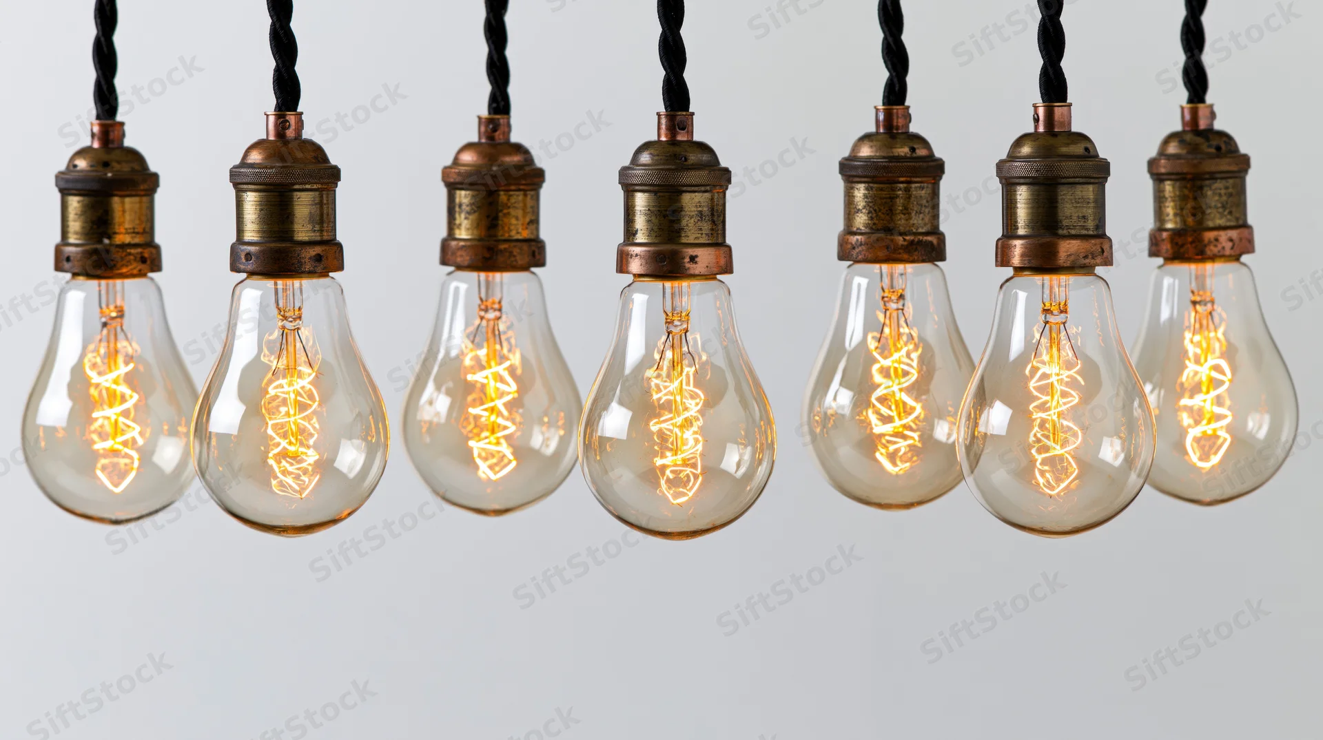 Seven vintage Edison lightbulbs with spiral filaments hanging in a row against a plain background