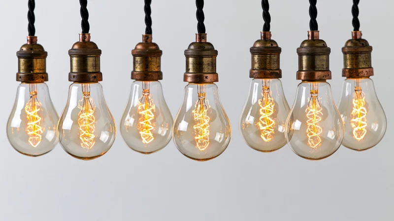 Seven vintage Edison lightbulbs with spiral filaments hanging in a row against a plain background