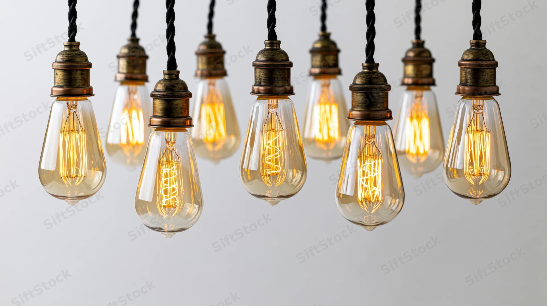 Vintage edison lightbulbs hanging in a row with warm glow against plain background