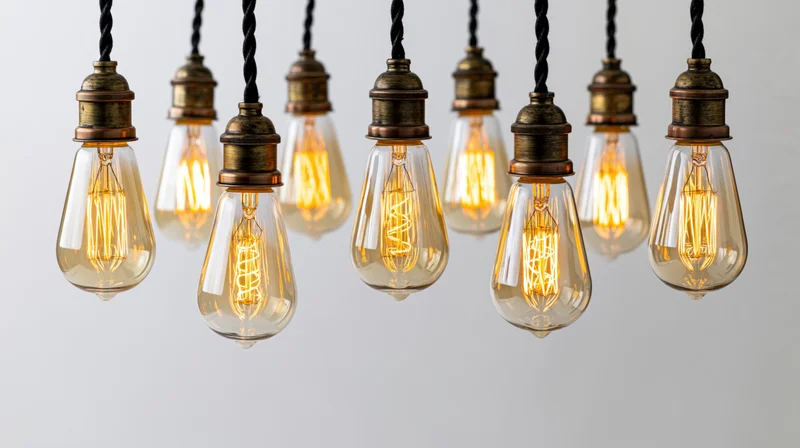 Vintage edison lightbulbs hanging in a row with warm glow against plain background
