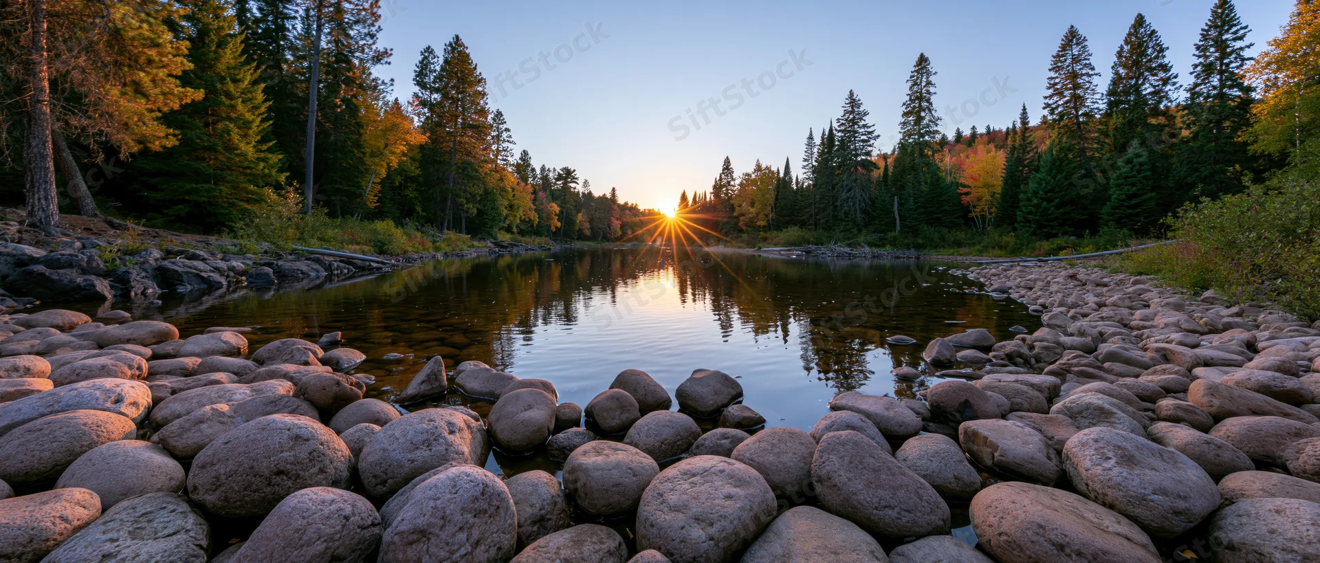 River flowing through forested landscape at sunset with rocks lining its banks and sun reflecting on calm water