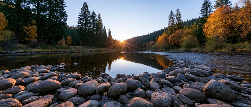River flowing through forested valley at sunrise with rocks in foreground and autumn foliage reflecting in calm water