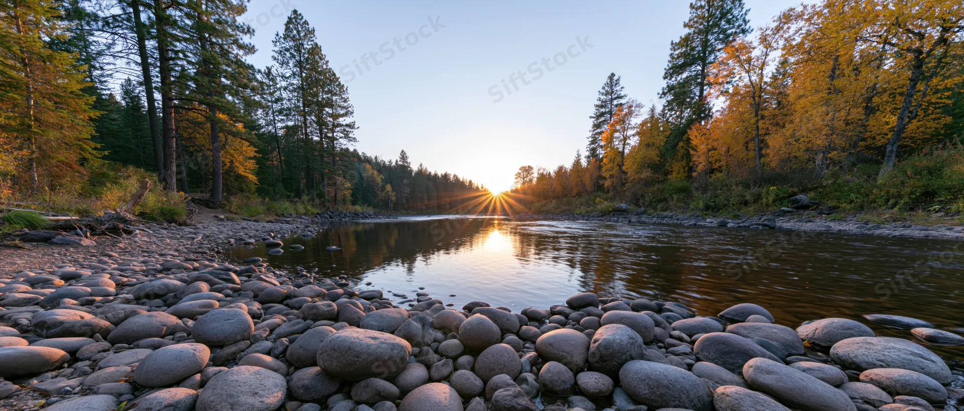 River flowing through autumn forest at sunset with rocks along the bank