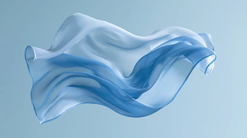 Flowing blue silk fabric suspended in motion against a light blue background