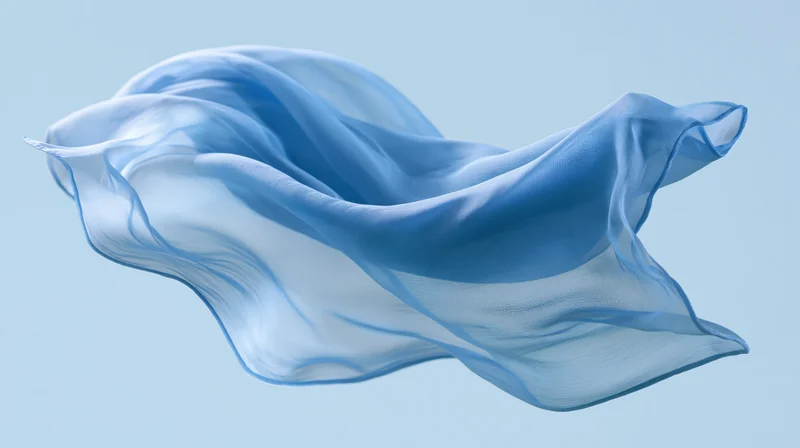 Flowing blue silk fabric drifting in mid-air against a light blue background