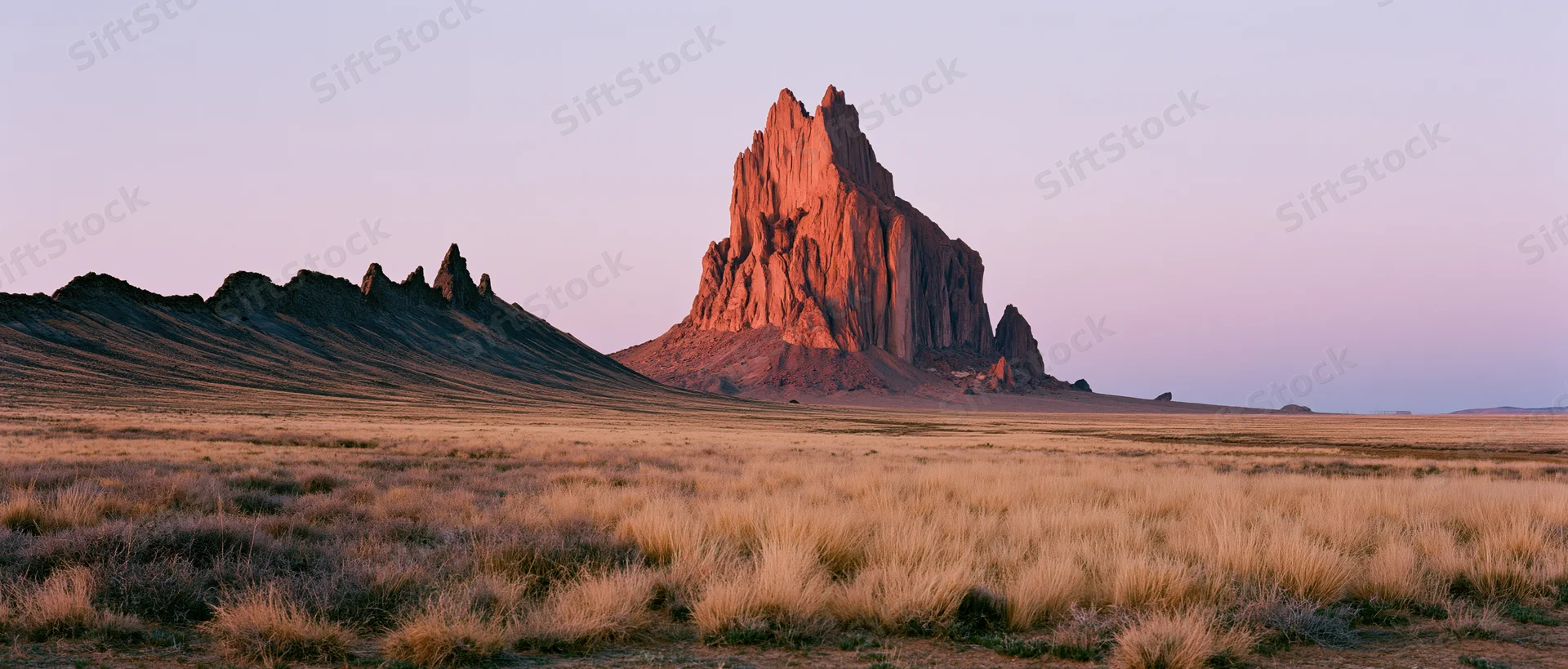 Red rock butte rising from arid grassland at twilight