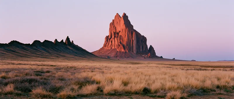 Red rock butte rising from arid grassland at twilight