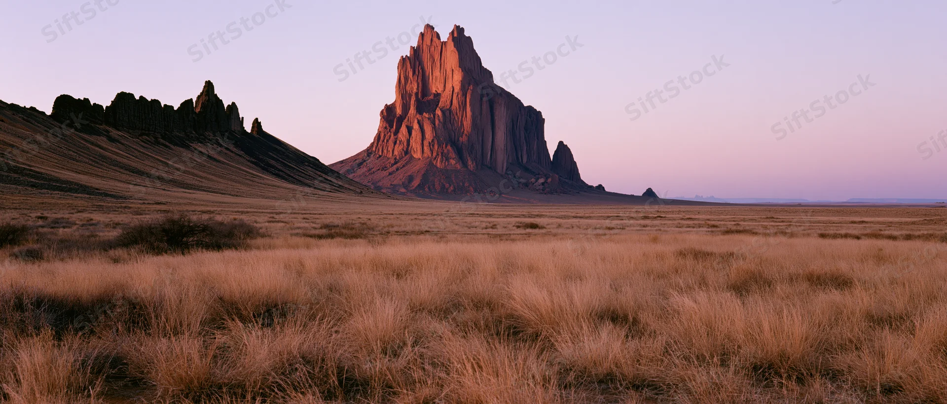Towering red rock formation rising from arid desert plain at twilight