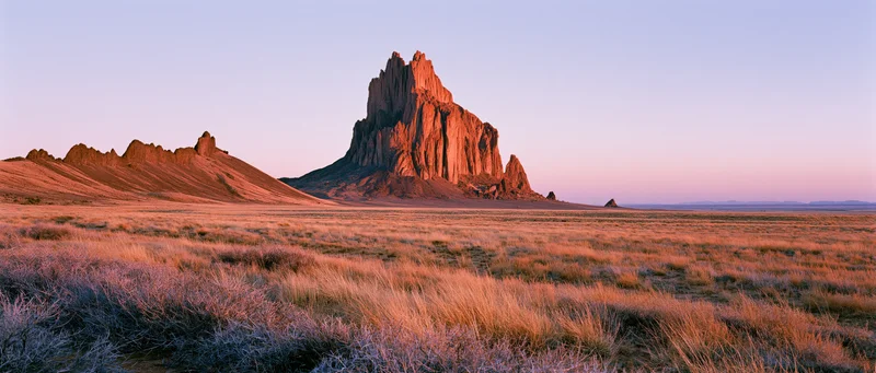 Red rock butte rising from a grassy desert plain at sunset