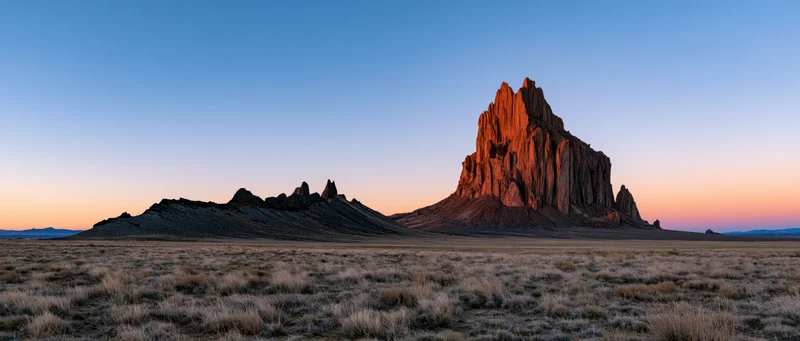 Red rock formation rising from desert plain at sunset