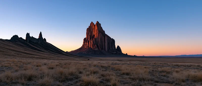 Large rock formation rising from desert plain at sunset
