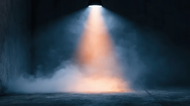 Spotlight beam cutting through smoke in a dark industrial space