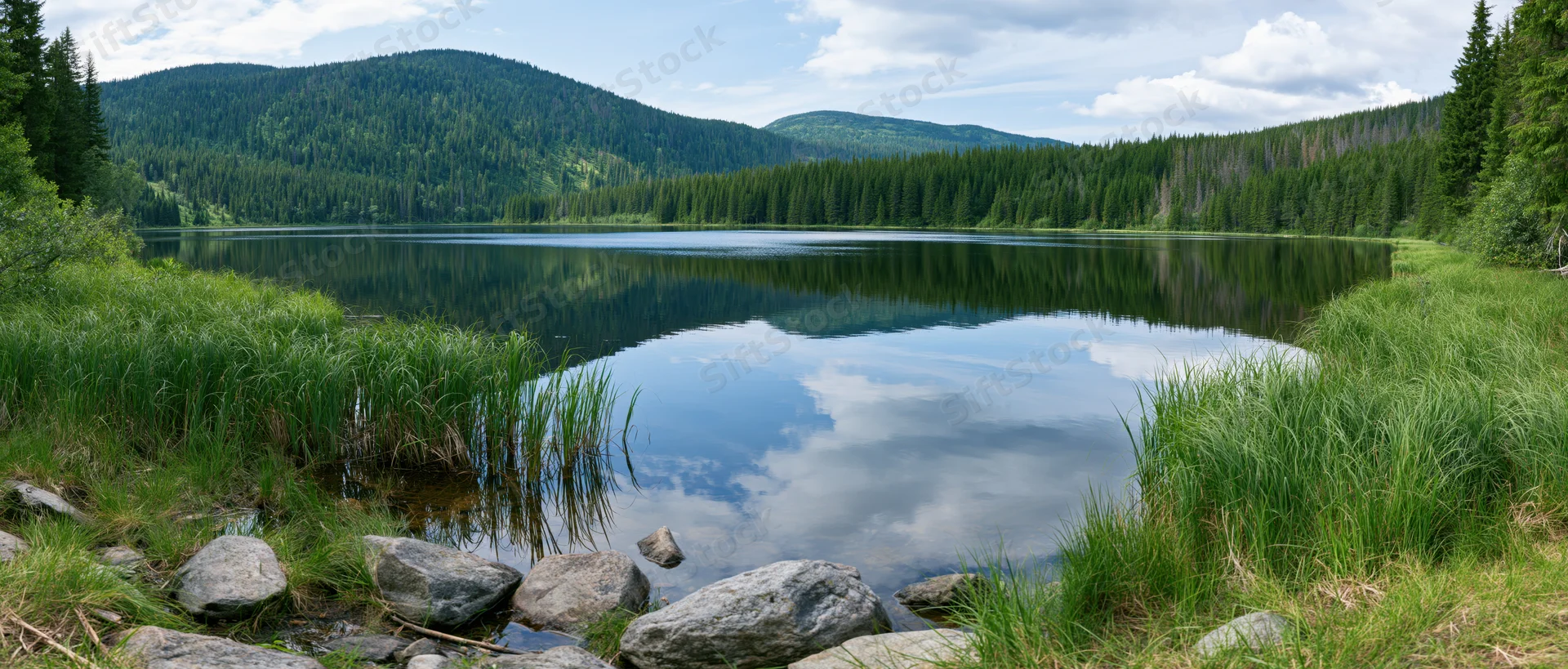 Calm lake reflecting sky and forested mountains surrounded by grassy shore and rocks