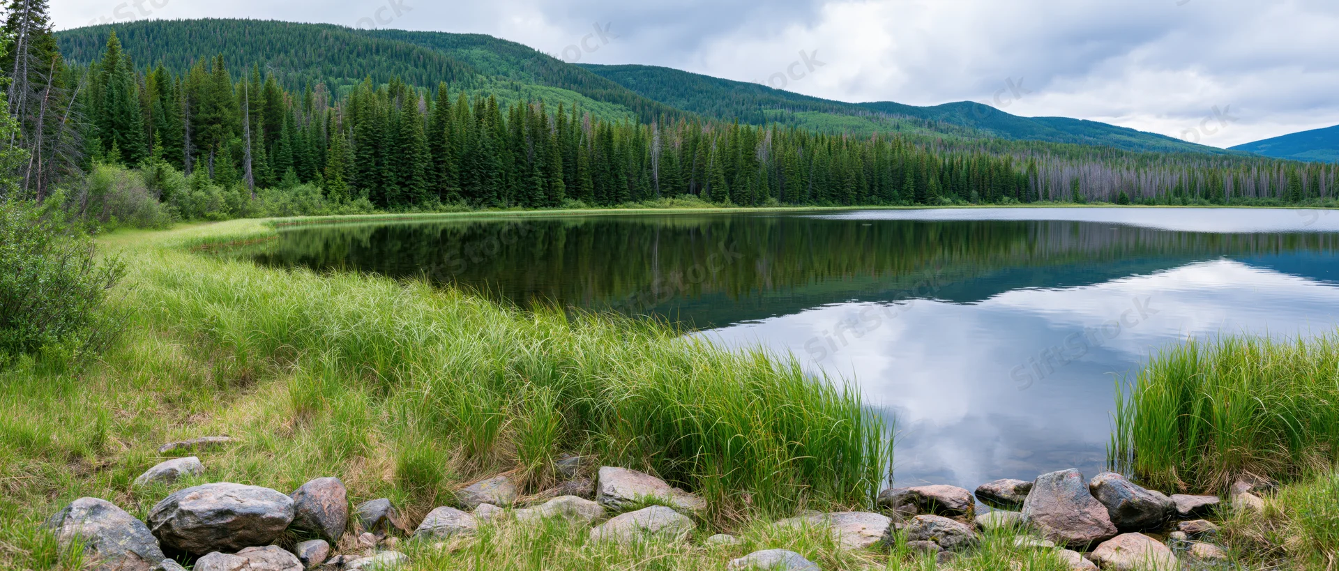 Calm lake reflecting forested mountains and cloudy sky in a grassy meadow
