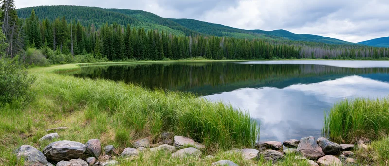 Calm lake reflecting forested mountains and cloudy sky in a grassy meadow