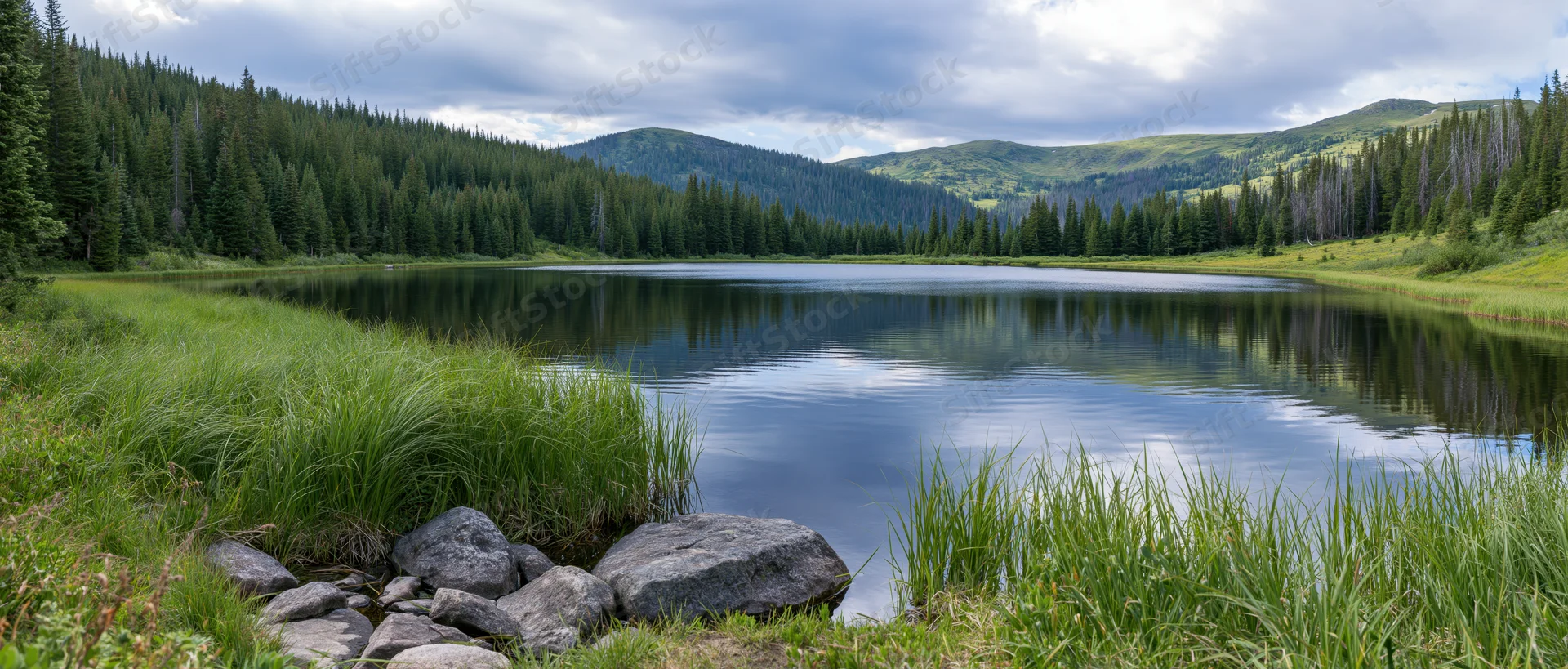 Calm lake reflecting sky and forested mountains in alpine meadow