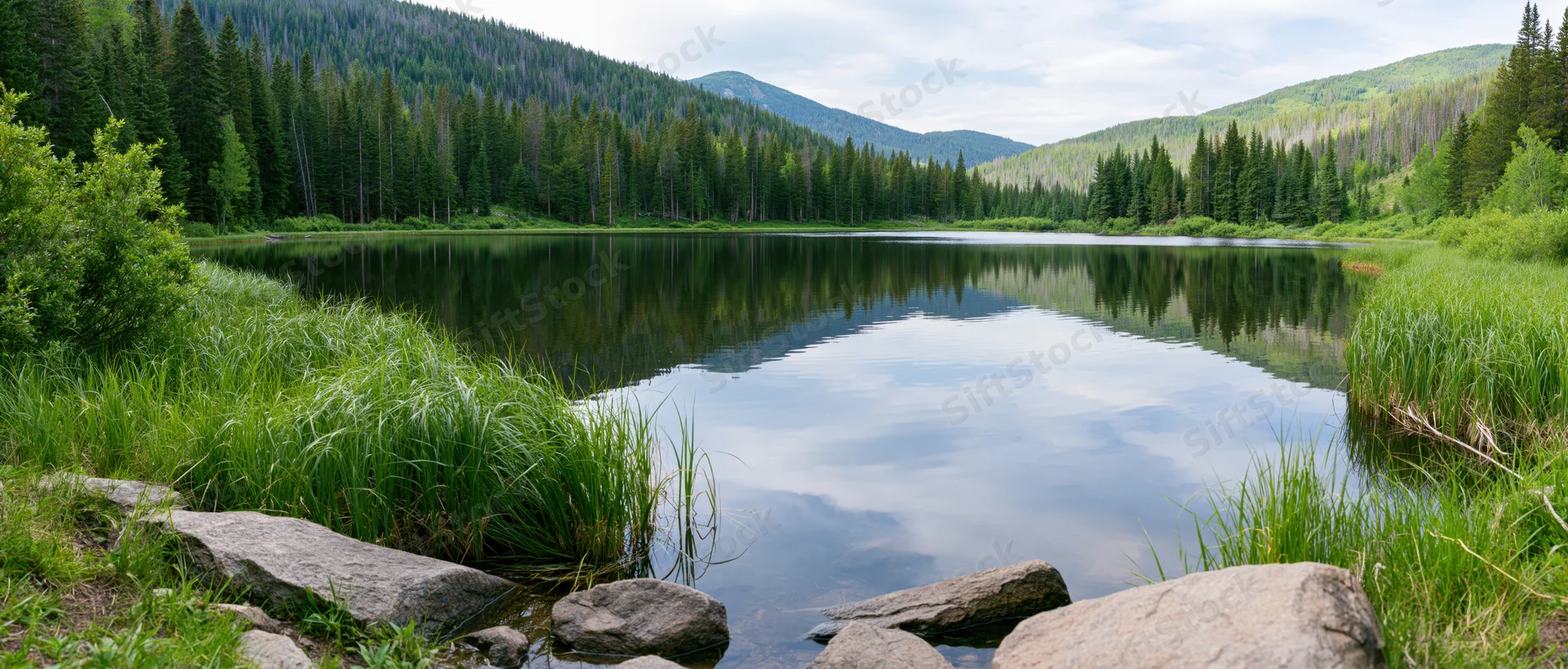 Calm lake reflecting sky and forested mountains surrounded by green grass and rocks