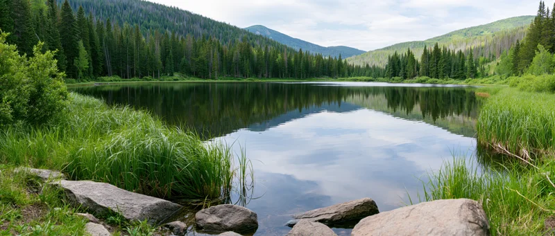 Calm lake reflecting sky and forested mountains surrounded by green grass and rocks