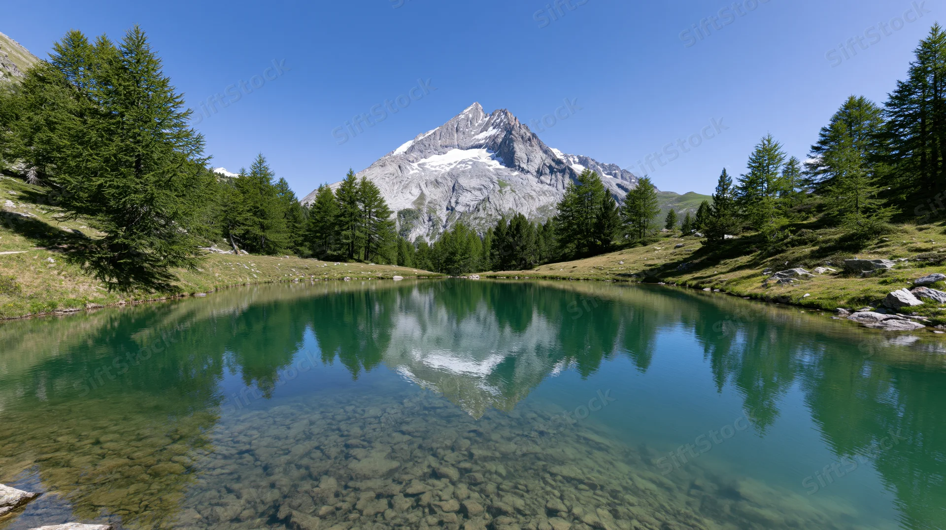 Snow-capped mountain reflected in clear alpine lake surrounded by evergreen trees and grassy slopes