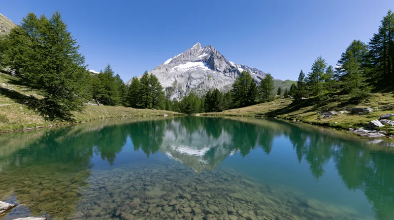 Snow-capped mountain reflected in clear alpine lake surrounded by evergreen trees and grassy slopes