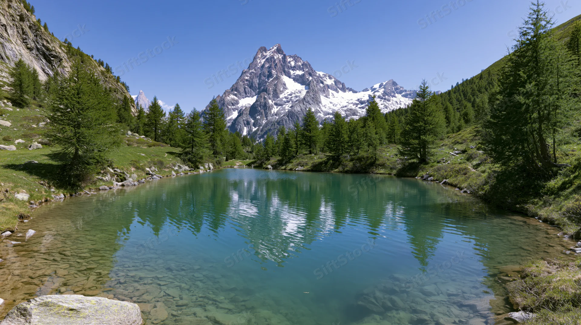 Alpine lake reflecting snow-capped mountain peak surrounded by pine forest and meadow under clear blue sky