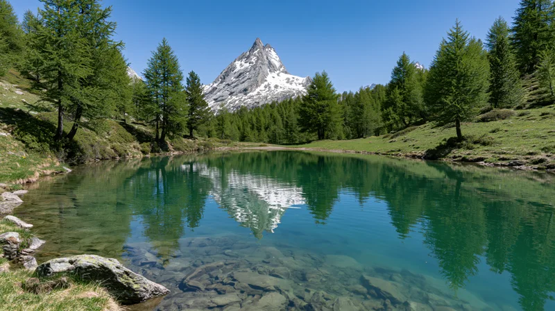 Snow-capped mountain reflected in calm alpine lake surrounded by evergreen forest