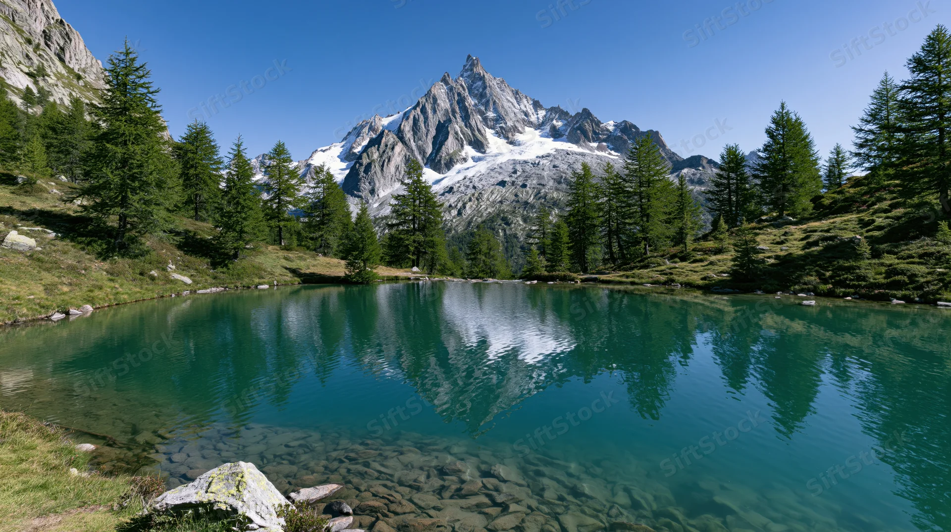 Alpine lake reflecting snow-capped mountain peak surrounded by pine forest and grassy meadow