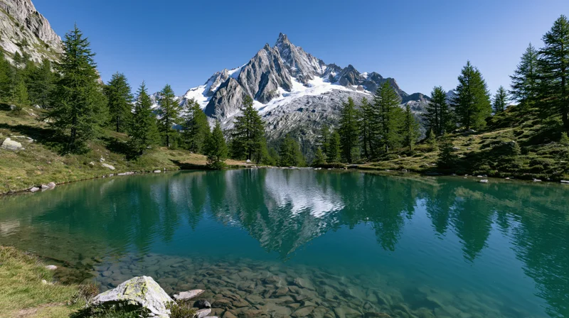 Alpine lake reflecting snow-capped mountain peak surrounded by pine forest and grassy meadow