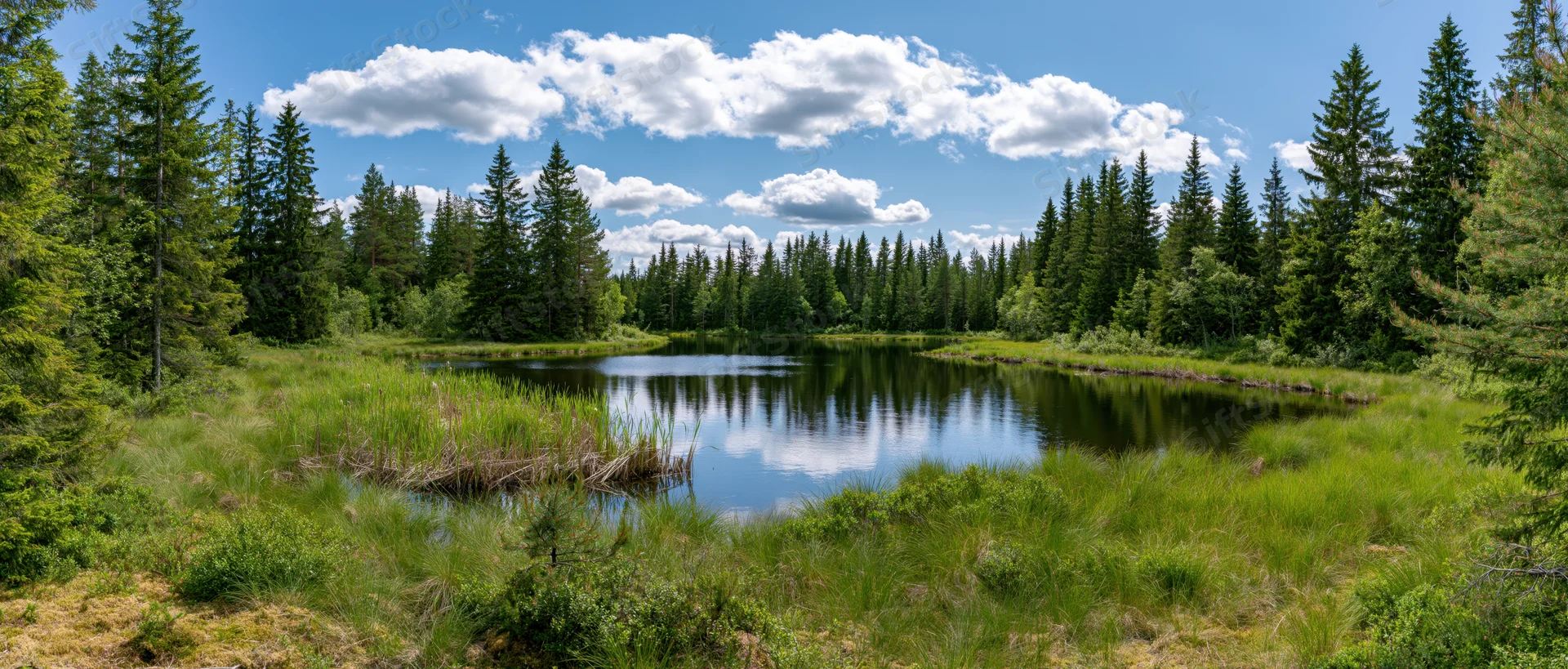 Calm lake reflecting blue sky and white clouds surrounded by dense pine forest and green meadow