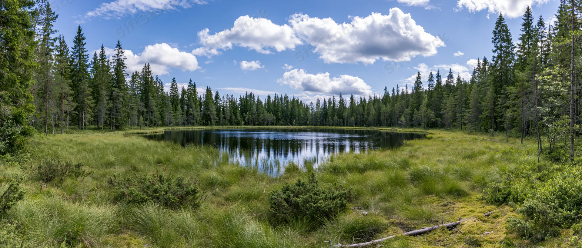 Calm lake surrounded by pine forest and grassy meadow under blue sky with clouds