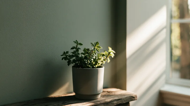 Potted green plant on wooden shelf by window in home interior