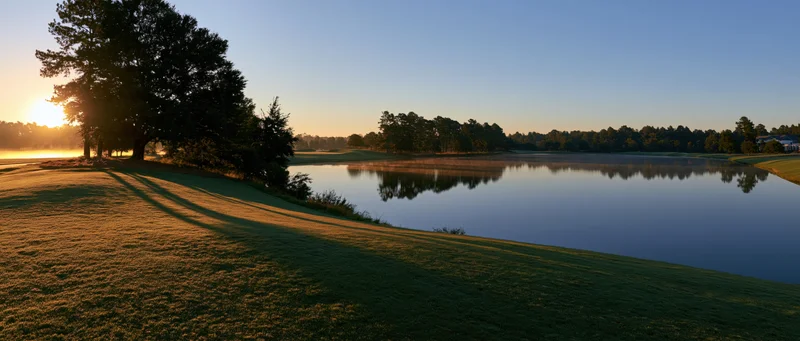 Calm lake reflecting trees at sunrise on a grassy golf course shoreline