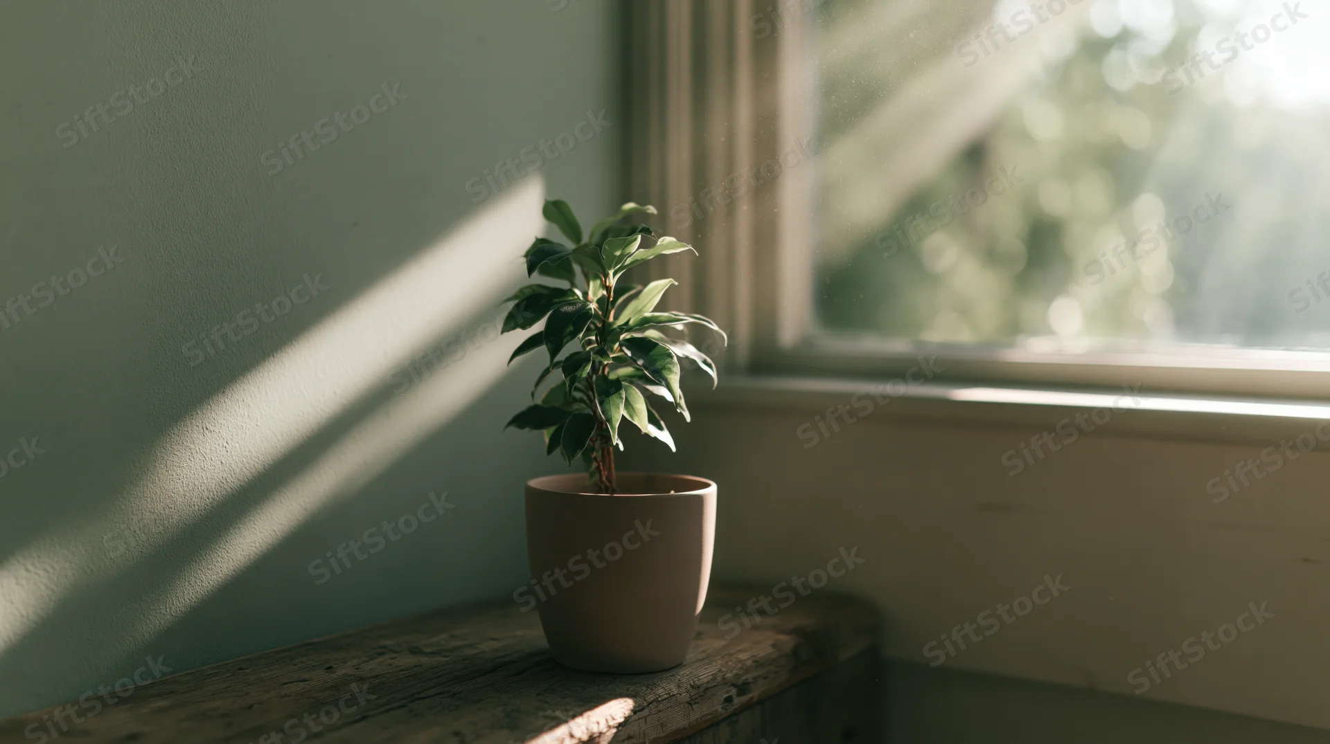 Small potted plant on wooden windowsill bathed in sunlight with shadows on wall