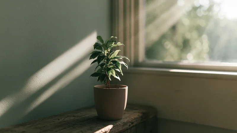 Small potted plant on wooden windowsill bathed in sunlight with shadows on wall