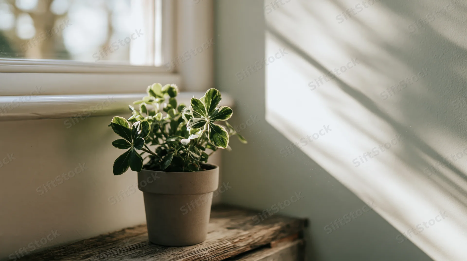 Variegated leafy plant in terracotta pot on wooden shelf by window with sunlight and shadows