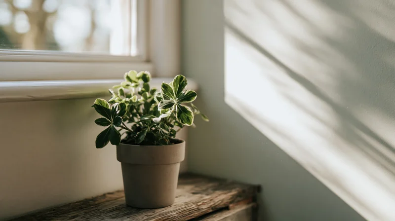 Variegated leafy plant in terracotta pot on wooden shelf by window with sunlight and shadows