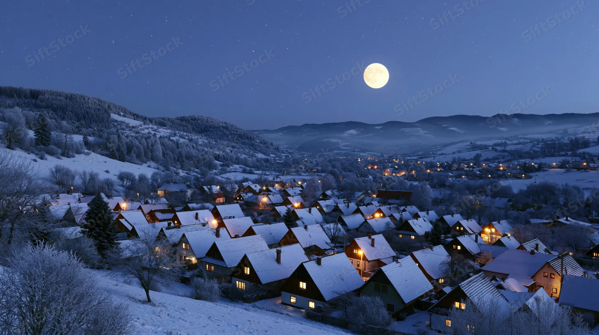 Snow-covered village houses illuminated at night under full moon in alpine valley