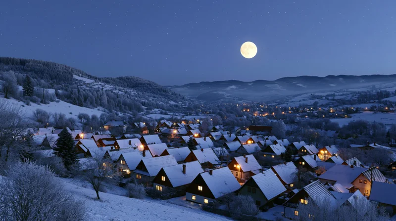 Snow-covered village houses illuminated at night under full moon in alpine valley
