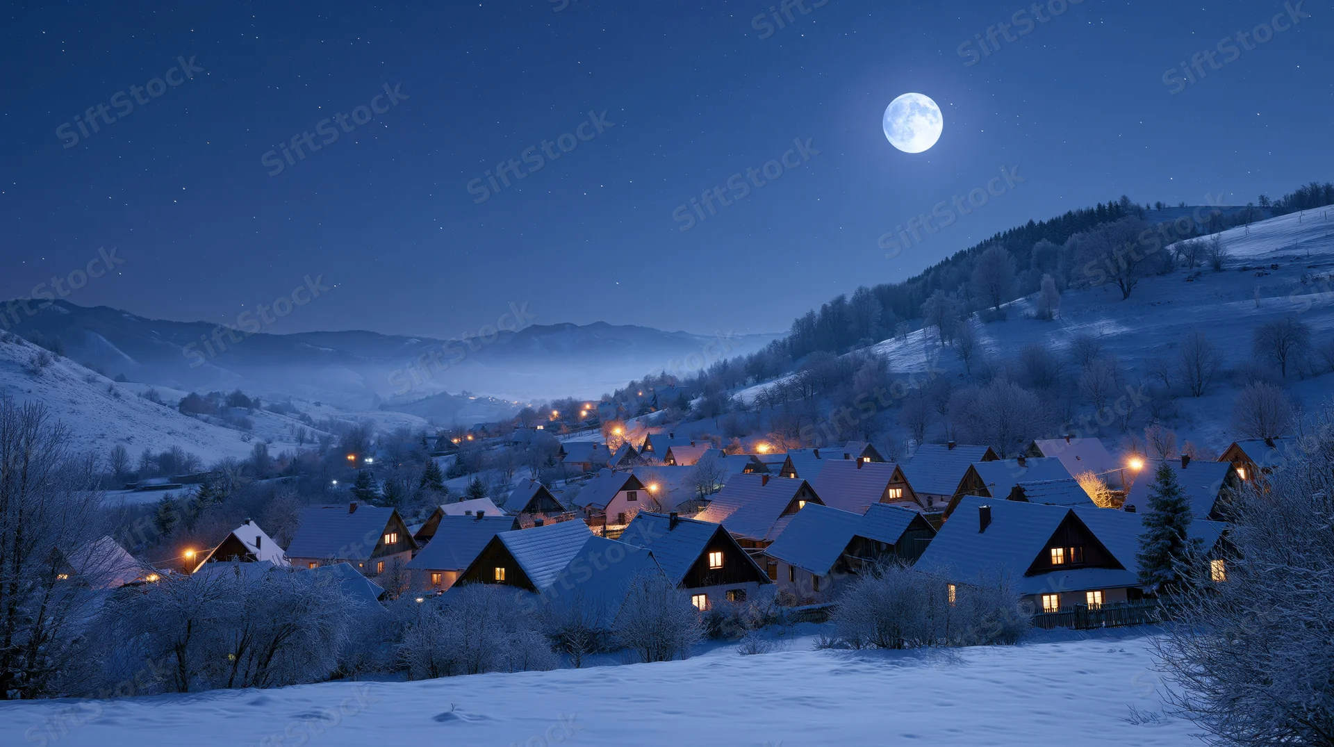 Snow-covered village nestled in alpine hills under a full moon at night