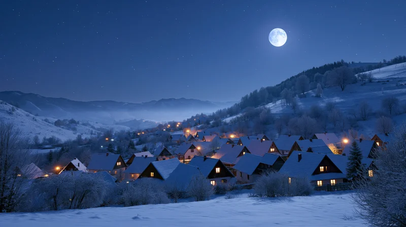 Snow-covered village nestled in alpine hills under a full moon at night