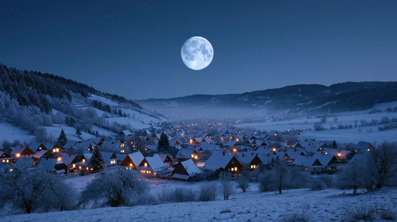 Snow-covered village with glowing houses under a full moon in a mountain valley at night