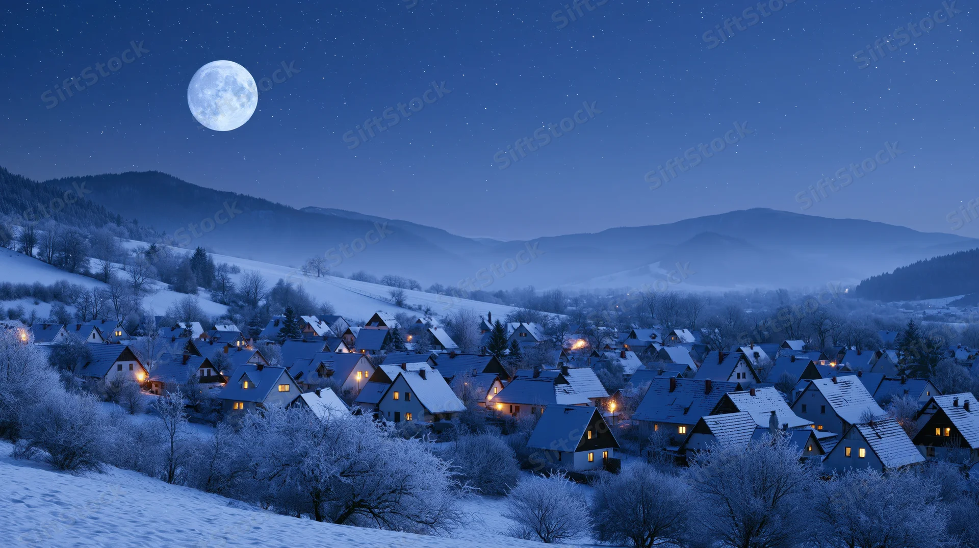 Snow-covered village with illuminated houses nestled in mountains under full moon at night