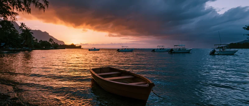 Wooden boat resting in calm ocean water near tropical coastline at sunset
