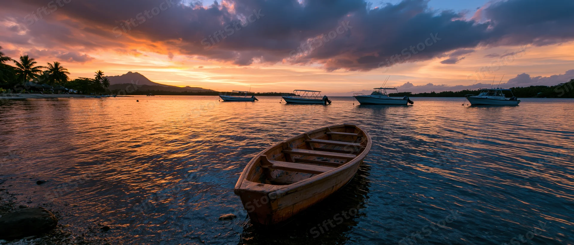 Wooden boat floating near docked vessels in calm harbor at sunset with palm trees and mountain in background