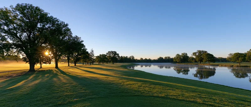 Sunrise over a misty golf course with trees casting long shadows on the fairway beside a calm lake