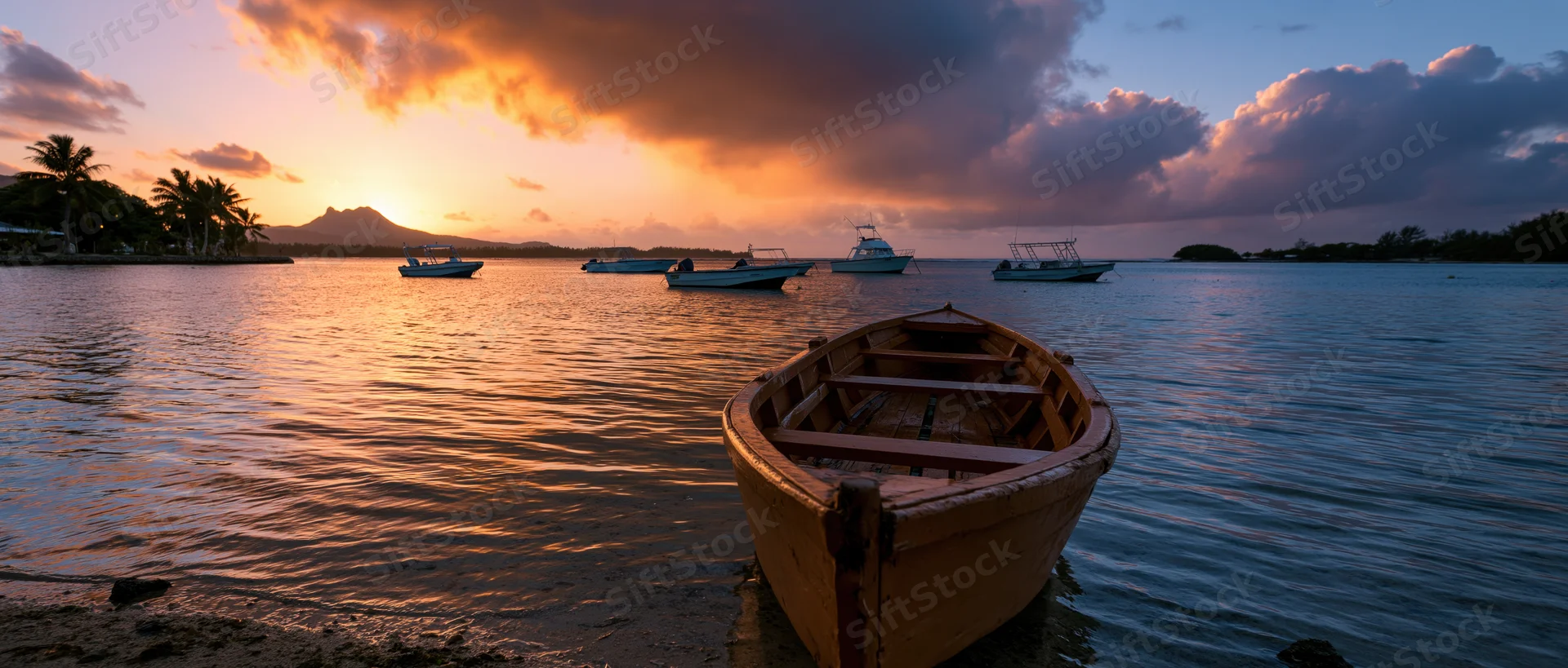 Wooden boat resting in calm water at sunset near tropical island harbor